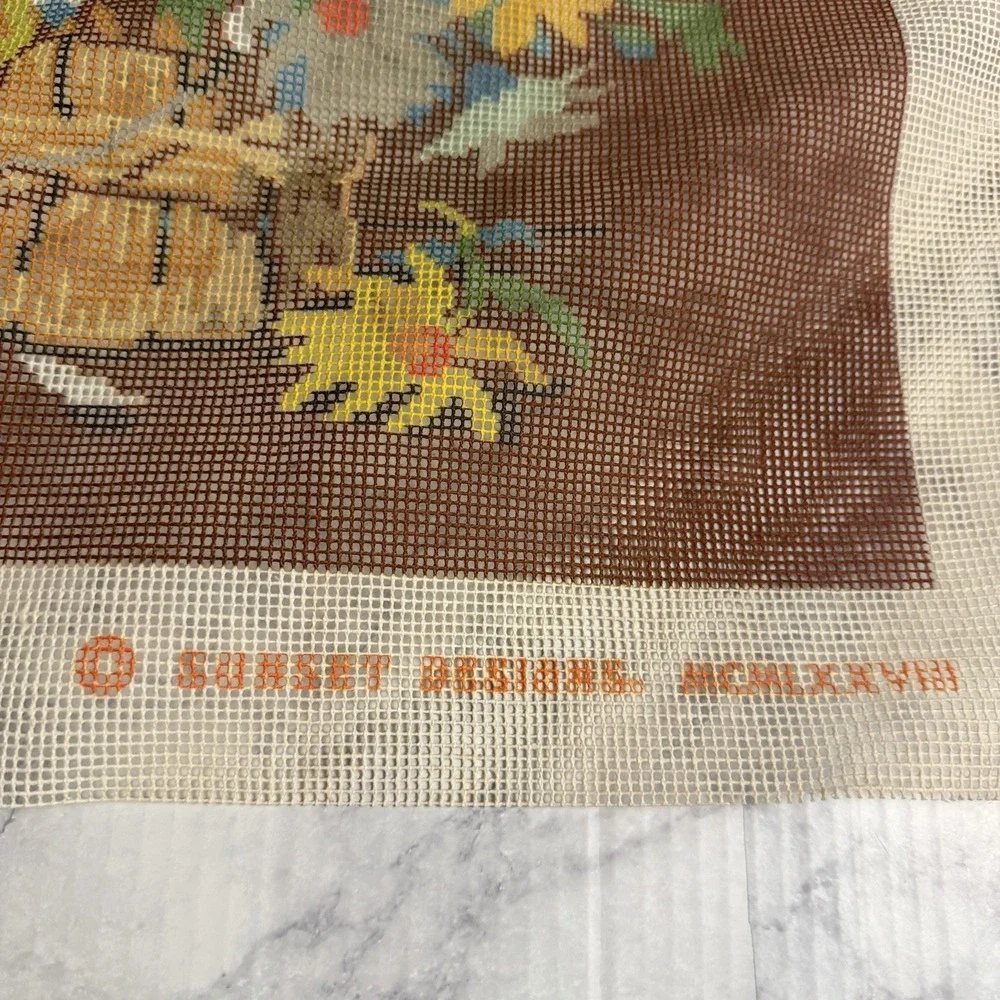 Needlepoint Canvas 1970s Vintage Sunset Bouquet Of Flowers Daisies Retro Floral